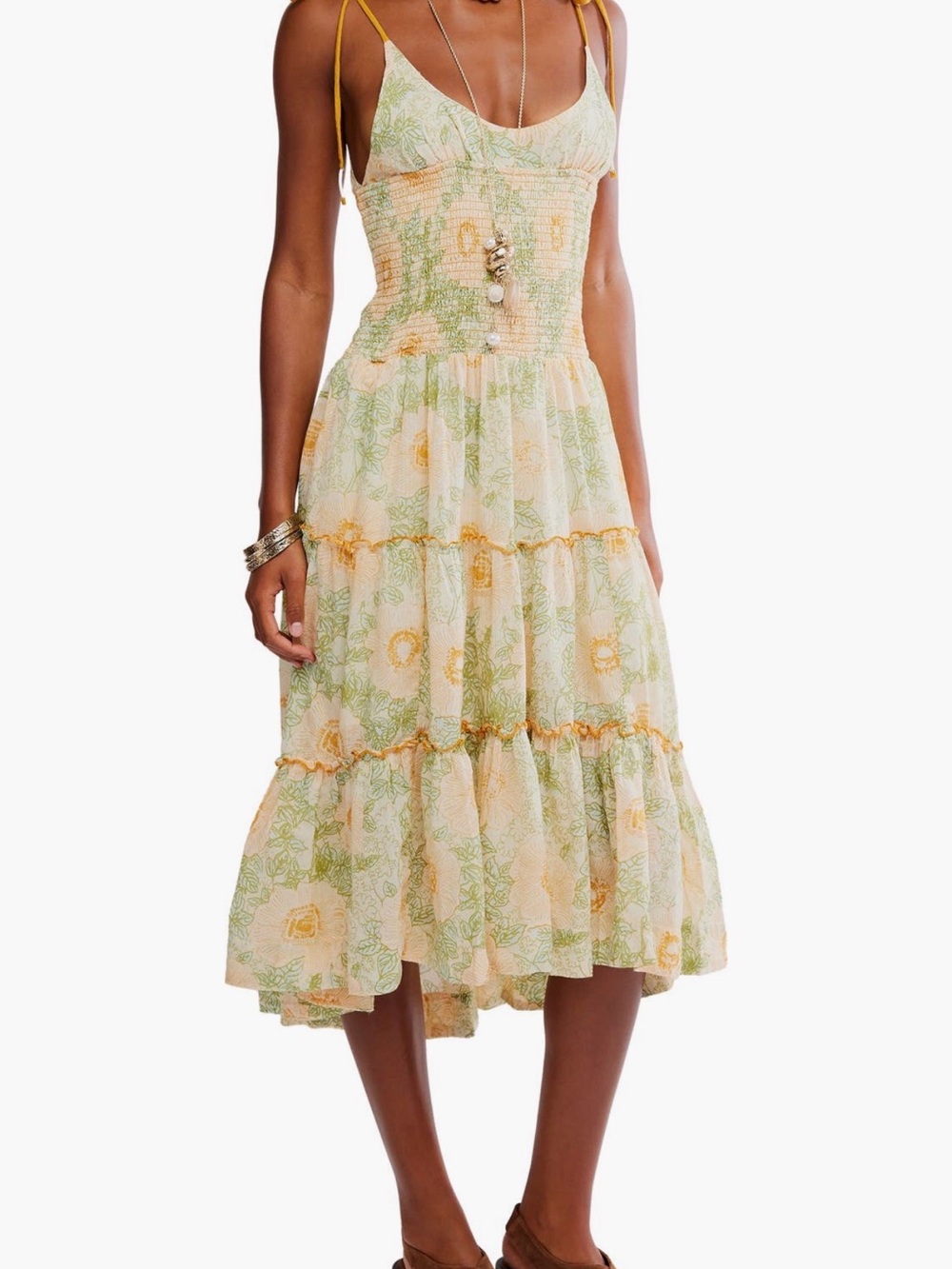 Free People Adriel Tie Strap
Tiered Midi Dress Yellow and Green Size XL